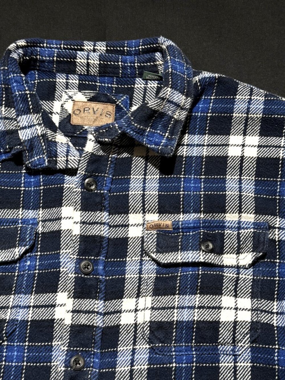 Orvis Mens Heavy Flannel Shirt Large Blue Plaid 100% Cotton Side Pockets